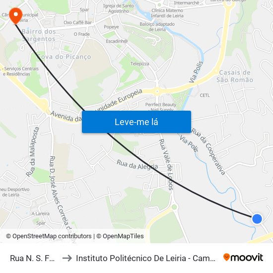 Rua N. S. Fátima to Instituto Politécnico De Leiria - Campus 1 Esecs map