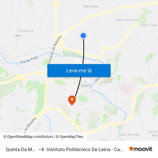 Quinta Da Matinha to Instituto Politécnico De Leiria - Campus 1 Esecs map