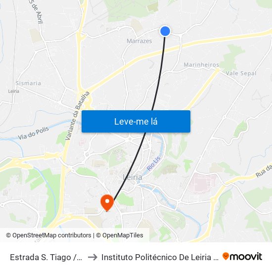 Estrada S. Tiago / X Cemitério to Instituto Politécnico De Leiria - Campus 1 Esecs map