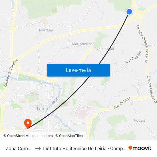 Zona Comercial to Instituto Politécnico De Leiria - Campus 1 Esecs map