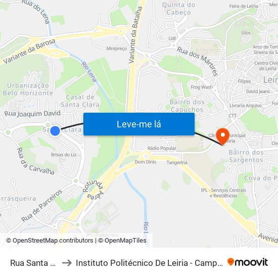 Rua Santa Clara to Instituto Politécnico De Leiria - Campus 1 Esecs map
