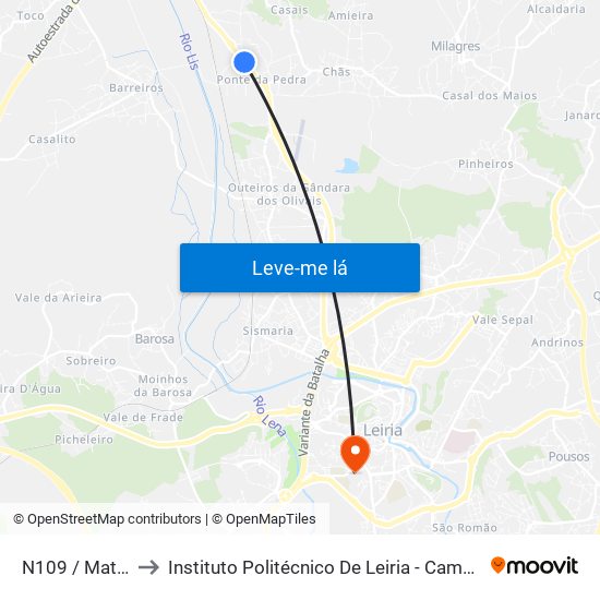 N109 / Matoeira to Instituto Politécnico De Leiria - Campus 1 Esecs map