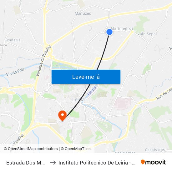 Estrada Dos Marinheiros to Instituto Politécnico De Leiria - Campus 1 Esecs map