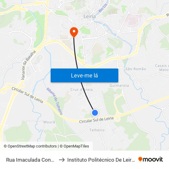 Rua Imaculada Conceição / Quartel to Instituto Politécnico De Leiria - Campus 1 Esecs map