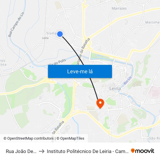 Rua João De Deus to Instituto Politécnico De Leiria - Campus 1 Esecs map