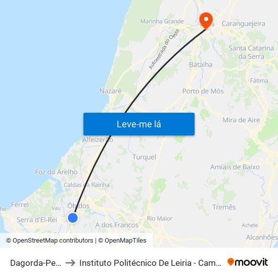 Dagorda-Peniche to Instituto Politécnico De Leiria - Campus 1 Esecs map