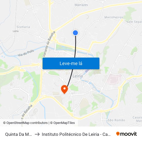 Quinta Da Matinha to Instituto Politécnico De Leiria - Campus 1 Esecs map