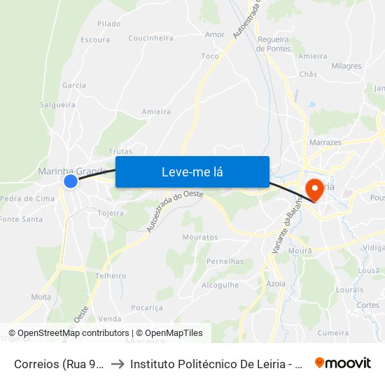 Correios (Rua 9 De Abril) to Instituto Politécnico De Leiria - Campus 1 Esecs map