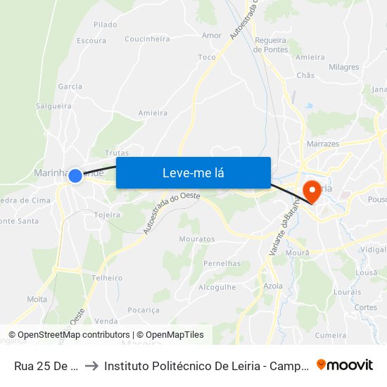 Rua 25 De Abril to Instituto Politécnico De Leiria - Campus 1 Esecs map