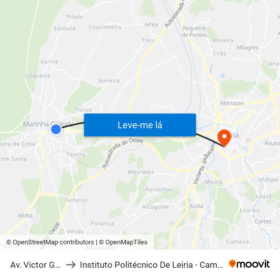 Av. Victor Gallo 1 to Instituto Politécnico De Leiria - Campus 1 Esecs map