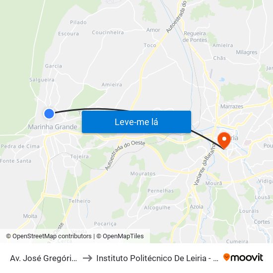 Av. José Gregório (Cruzes) to Instituto Politécnico De Leiria - Campus 1 Esecs map