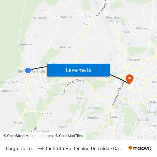 Largo Do Luzeirão to Instituto Politécnico De Leiria - Campus 1 Esecs map