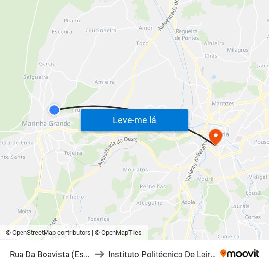 Rua Da Boavista (Esc. Pinhal Do Rei) to Instituto Politécnico De Leiria - Campus 1 Esecs map