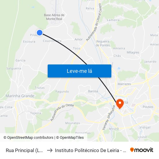 Rua Principal (Lavadouro) to Instituto Politécnico De Leiria - Campus 1 Esecs map