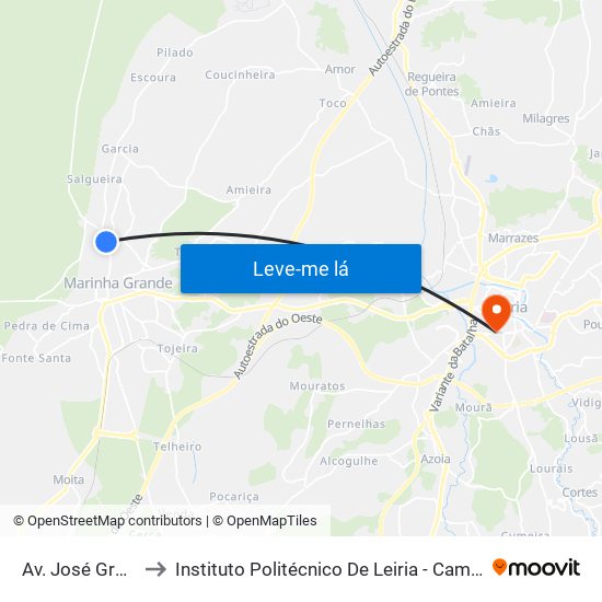 Av. José Gregório to Instituto Politécnico De Leiria - Campus 1 Esecs map