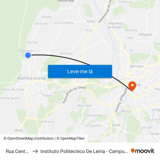Rua Central 2 to Instituto Politécnico De Leiria - Campus 1 Esecs map