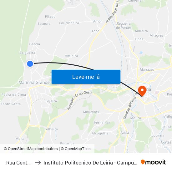 Rua Central 3 to Instituto Politécnico De Leiria - Campus 1 Esecs map