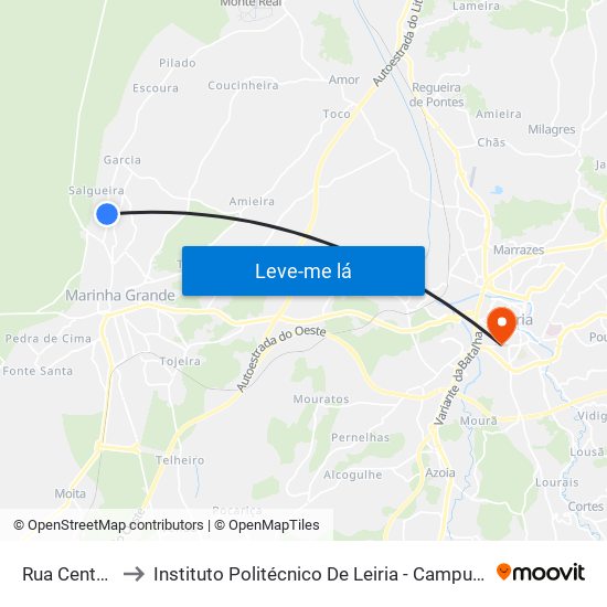 Rua Central 2 to Instituto Politécnico De Leiria - Campus 1 Esecs map