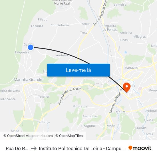 Rua Do Rego to Instituto Politécnico De Leiria - Campus 1 Esecs map