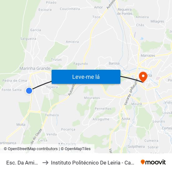 Esc. Da Amieirinha to Instituto Politécnico De Leiria - Campus 1 Esecs map