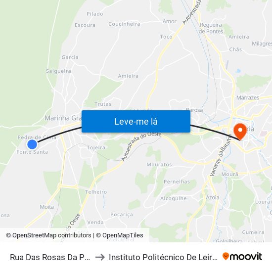 Rua Das Rosas Da Pedra De Baixo 2 to Instituto Politécnico De Leiria - Campus 1 Esecs map