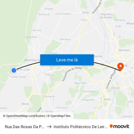 Rua Das Rosas Da Pedra De Baixo 1 to Instituto Politécnico De Leiria - Campus 1 Esecs map