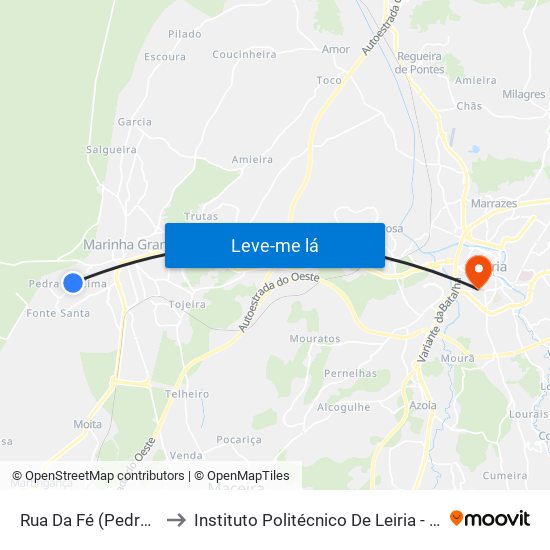 Rua Da Fé (Pedra De Cima) to Instituto Politécnico De Leiria - Campus 1 Esecs map