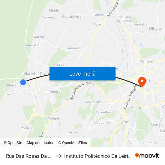 Rua Das Rosas Da Pedra De Cima to Instituto Politécnico De Leiria - Campus 1 Esecs map