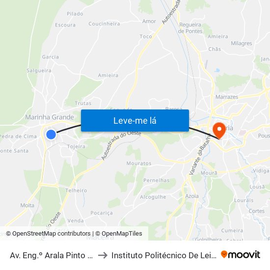 Av. Eng.º Arala Pinto (Zona Comercial) to Instituto Politécnico De Leiria - Campus 1 Esecs map