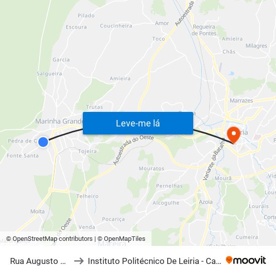 Rua Augusto Torneira to Instituto Politécnico De Leiria - Campus 1 Esecs map