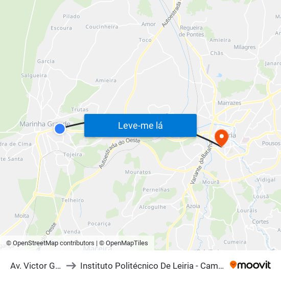 Av. Victor Gallo 2 to Instituto Politécnico De Leiria - Campus 1 Esecs map