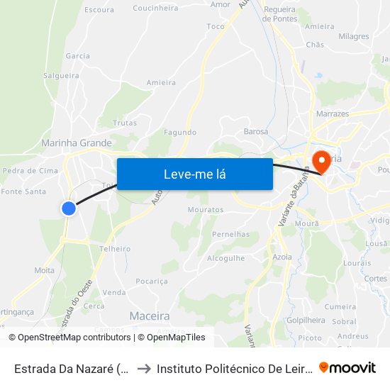 Estrada Da Nazaré (Rua Do Tecelão) to Instituto Politécnico De Leiria - Campus 1 Esecs map