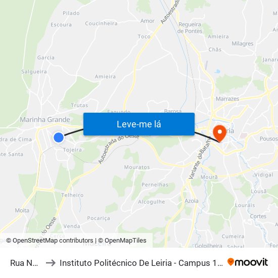 Rua Nova to Instituto Politécnico De Leiria - Campus 1 Esecs map