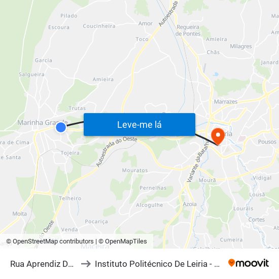 Rua Aprendiz De Vidreiro to Instituto Politécnico De Leiria - Campus 1 Esecs map