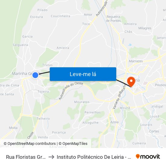 Rua Floristas Gravadores to Instituto Politécnico De Leiria - Campus 1 Esecs map