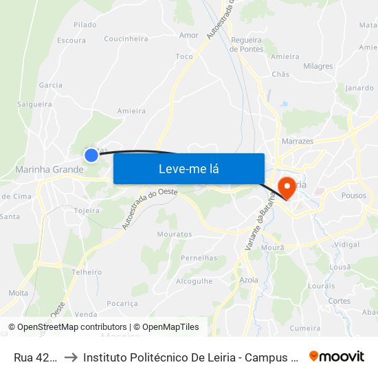 Rua 42 - 2 to Instituto Politécnico De Leiria - Campus 1 Esecs map
