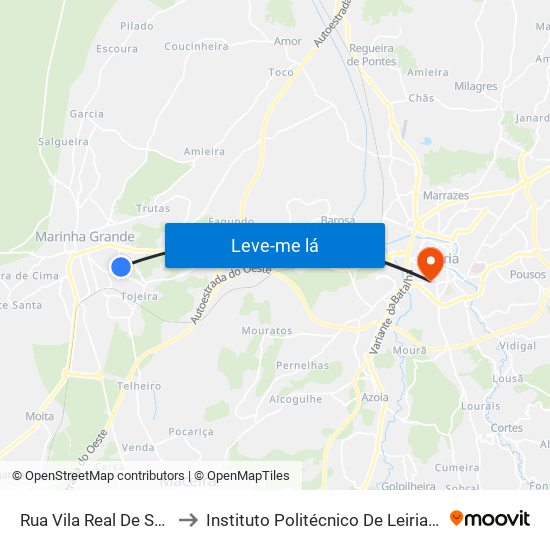 Rua Vila Real De Santo António to Instituto Politécnico De Leiria - Campus 1 Esecs map
