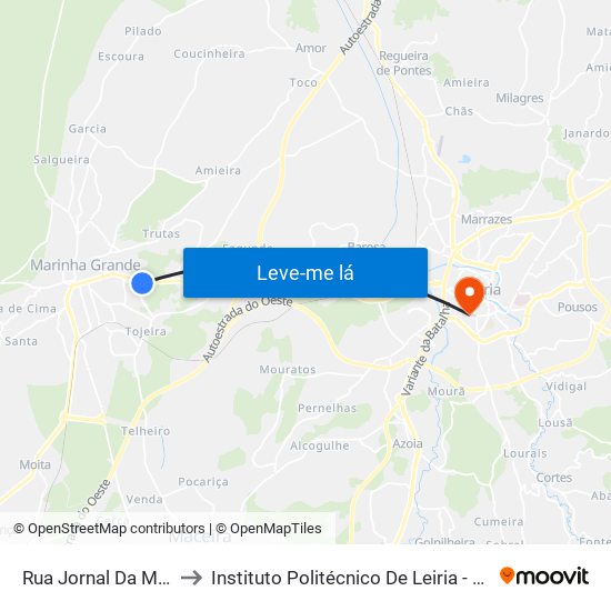 Rua Jornal Da M.ª Grande to Instituto Politécnico De Leiria - Campus 1 Esecs map