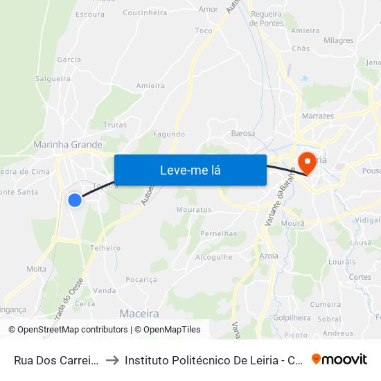 Rua Dos Carreirinhos 1 to Instituto Politécnico De Leiria - Campus 1 Esecs map