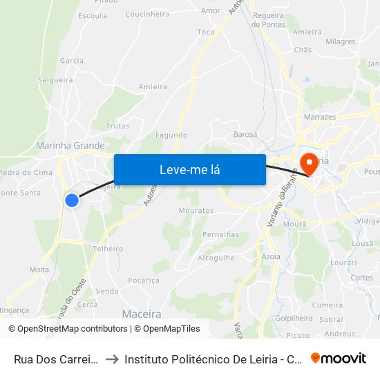 Rua Dos Carreirinhos 2 to Instituto Politécnico De Leiria - Campus 1 Esecs map
