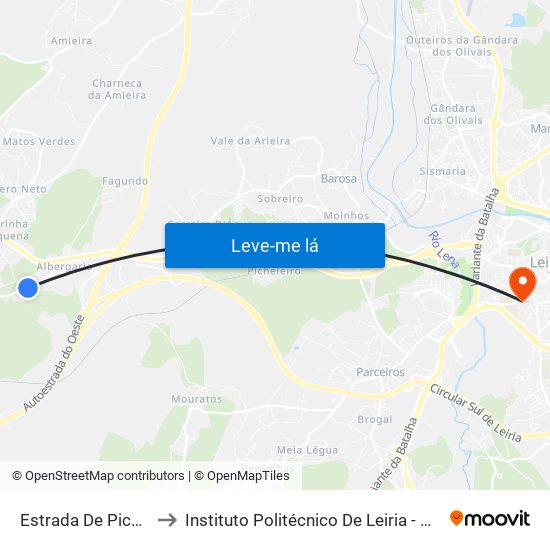 Estrada De Picassinos 1 to Instituto Politécnico De Leiria - Campus 1 Esecs map