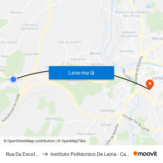 Rua Da Escola Velha to Instituto Politécnico De Leiria - Campus 1 Esecs map
