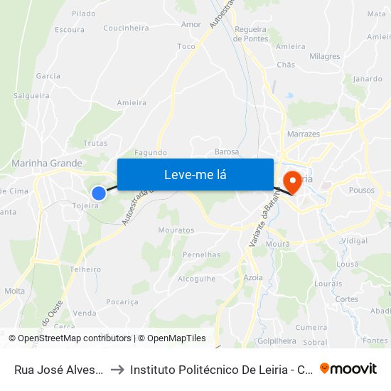 Rua José Alves Júnior 2 to Instituto Politécnico De Leiria - Campus 1 Esecs map