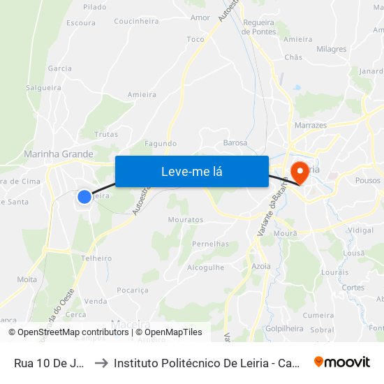 Rua 10 De Junho 2 to Instituto Politécnico De Leiria - Campus 1 Esecs map