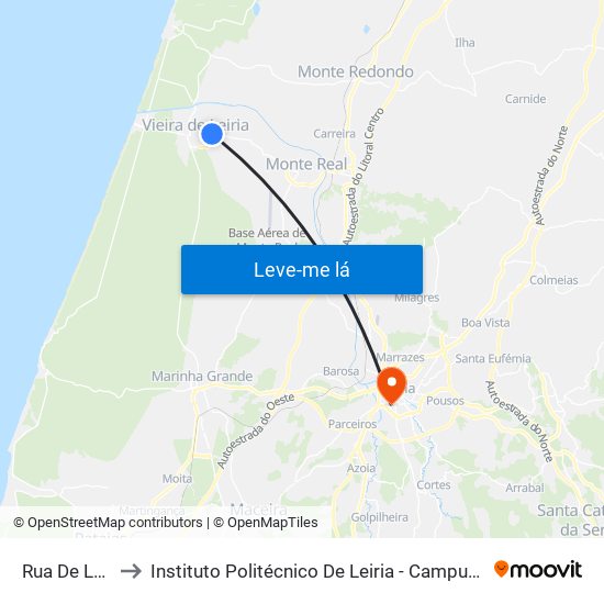 Rua De Leiria to Instituto Politécnico De Leiria - Campus 1 Esecs map