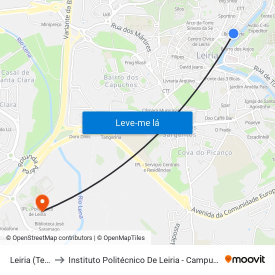 Leiria (Terminal) to Instituto Politécnico De Leiria - Campus 2 Estg / Esslei / Ued map