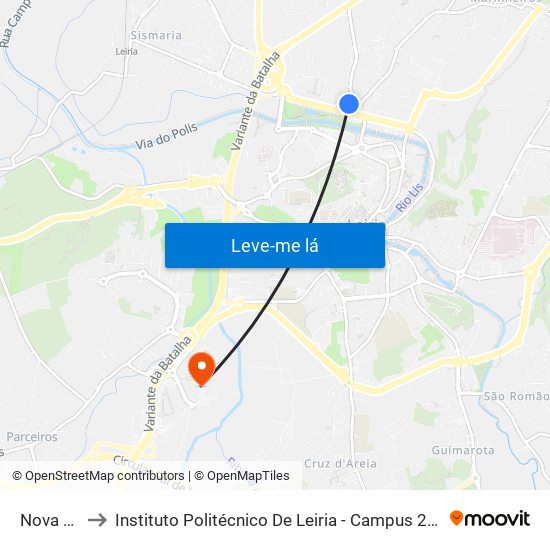 Nova Leiria to Instituto Politécnico De Leiria - Campus 2 Estg / Esslei / Ued map