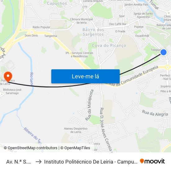 Av. N.ª S.ª Fátima to Instituto Politécnico De Leiria - Campus 2 Estg / Esslei / Ued map