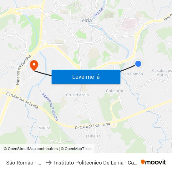 São Romão - Rua Da Fonte to Instituto Politécnico De Leiria - Campus 2 Estg / Esslei / Ued map