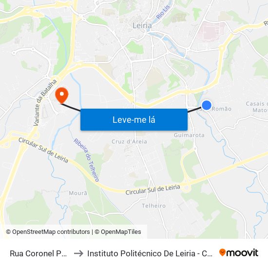 Rua Coronel Pereira Pascoal to Instituto Politécnico De Leiria - Campus 2 Estg / Esslei / Ued map